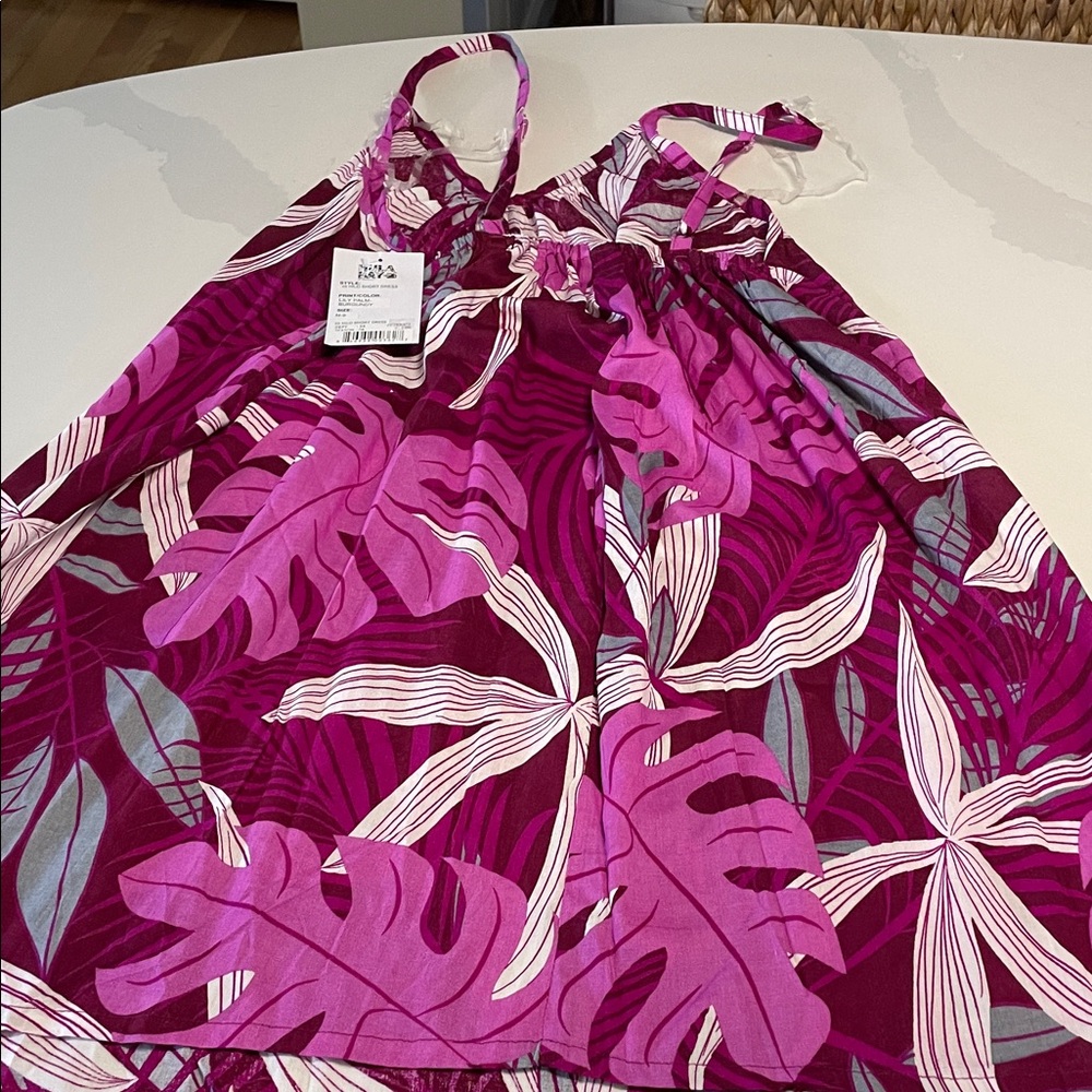 Tropical Pink Purple Leaf Print Camisole Dress hula bay Hawaiian - Picture 7 of 7